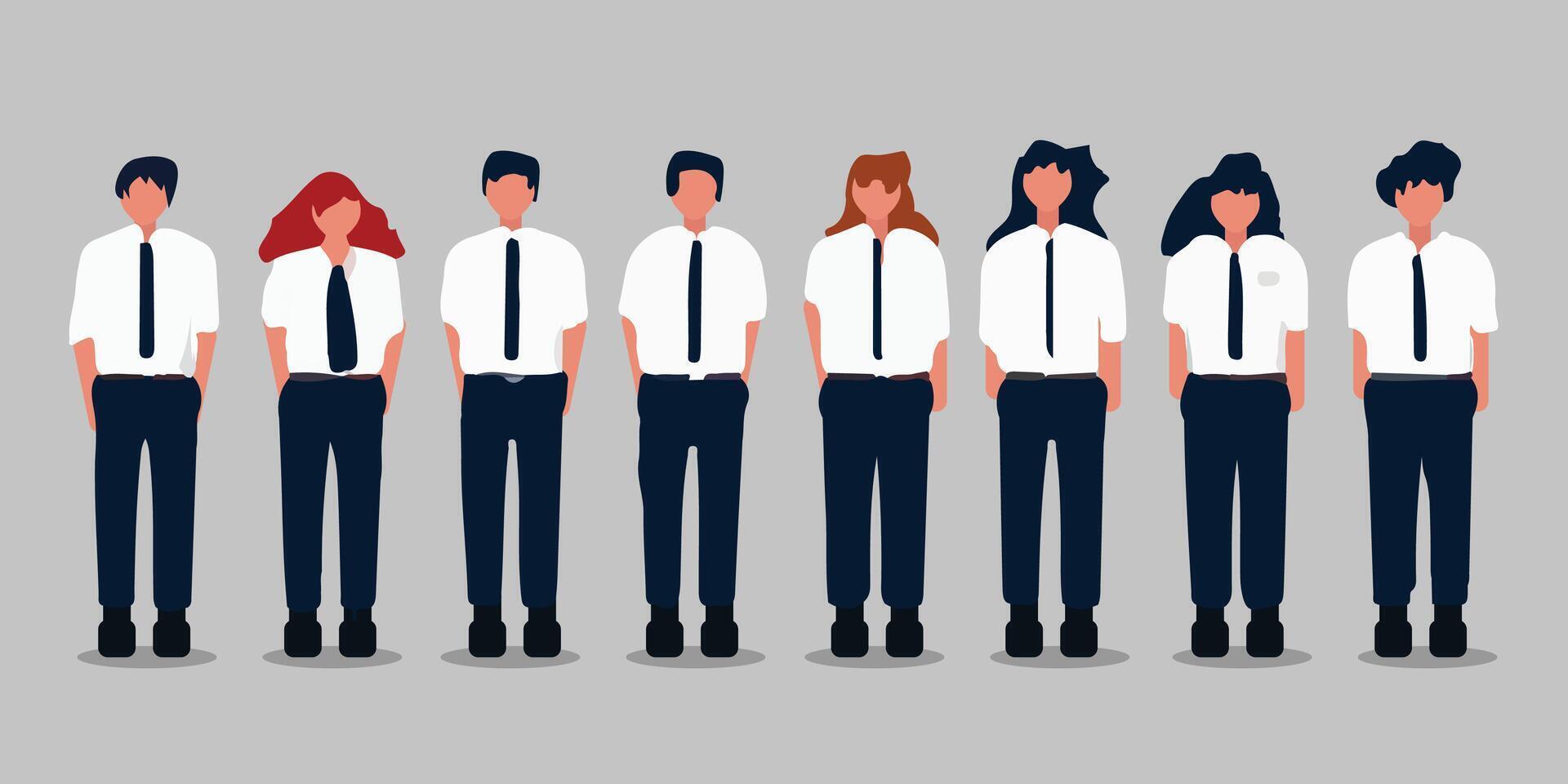 flat illustration of a group of school children or office employees wearing white shirts and ties vector
