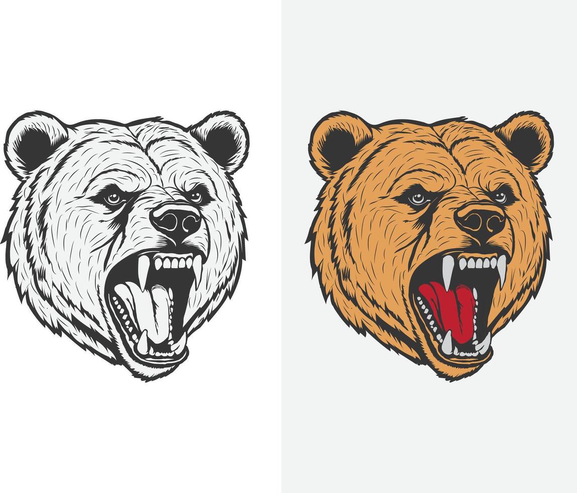 two bear heads, one with its mouth open and the other with its mouth closed vector