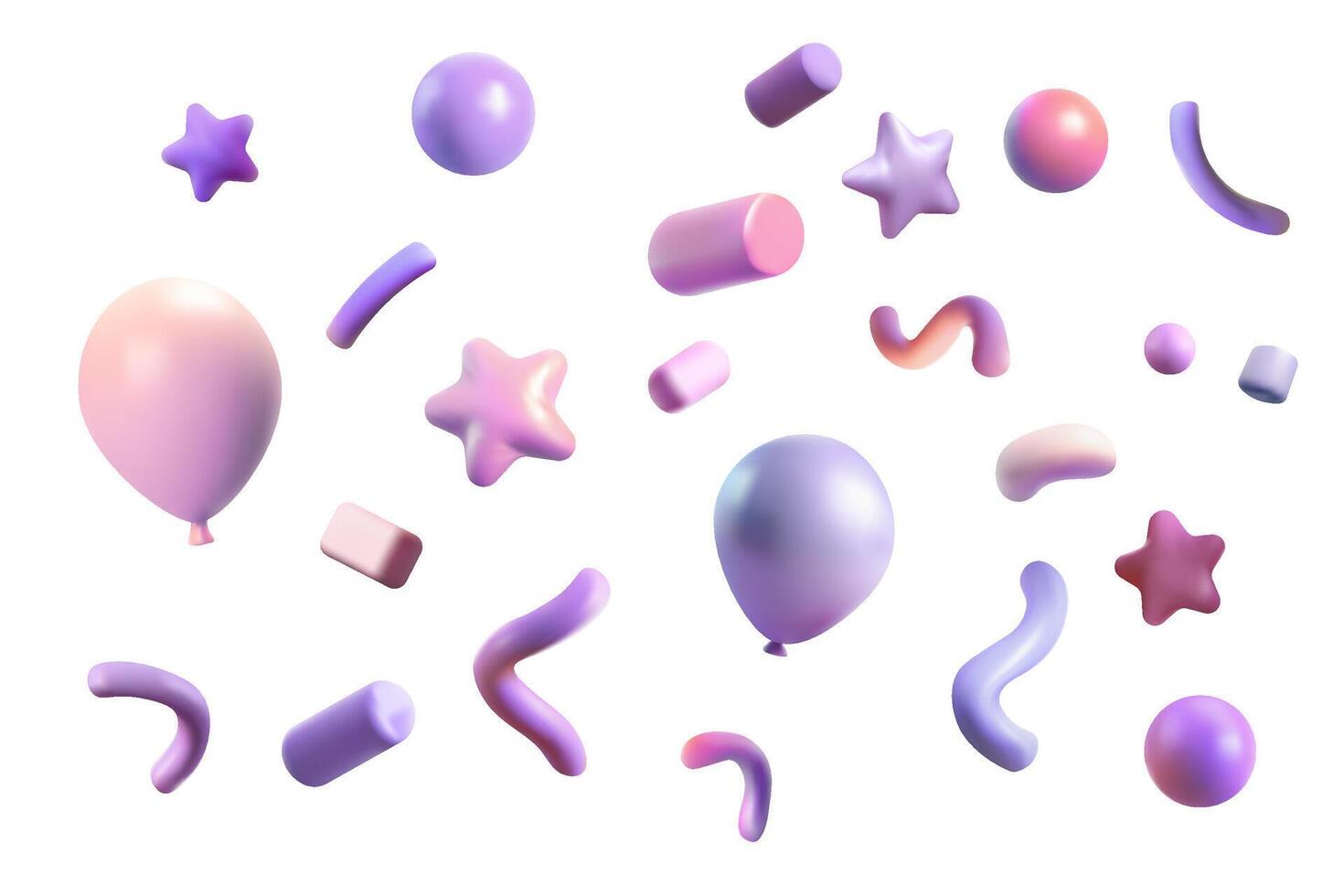 Party clappers confetti 3d , shapes, balloon. Birthday or carnival fireworks or popper paper streamers, star and elements for greeting design. Pastel purple. vector