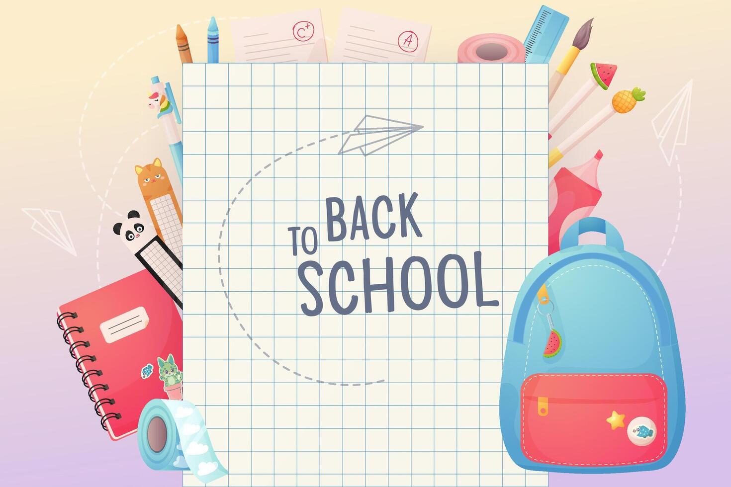 Back to school. Template, poster banner. Cartoon backpack and school supplies, on the background of a notebook sheet. vector