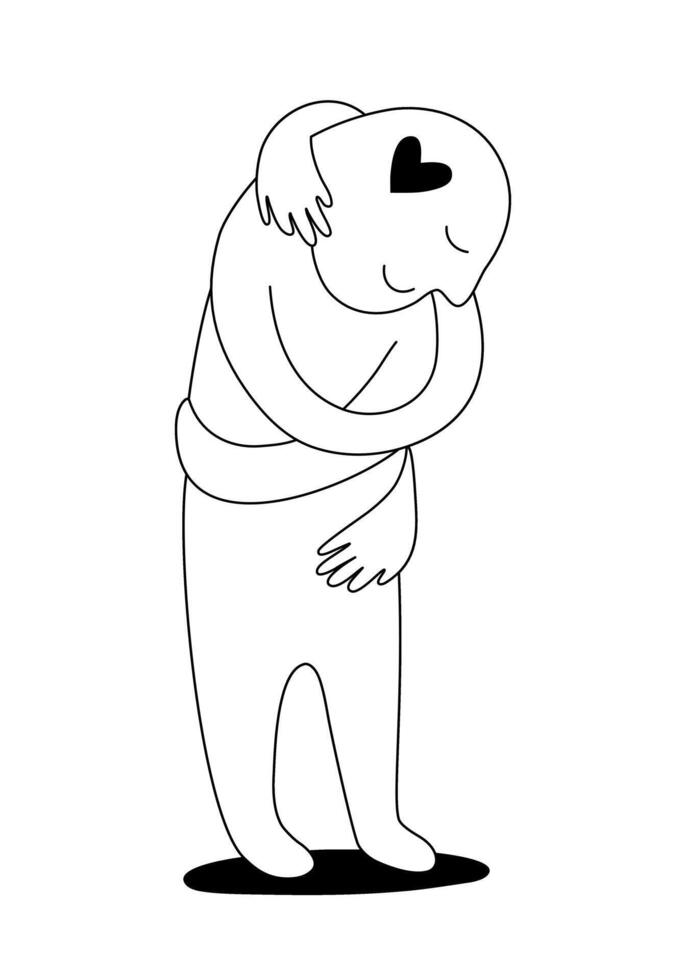 Outline drawing of a cartoon character do smiling and self-hug in self love concept. vector