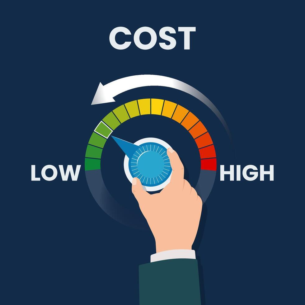 Hand turning cost dial to lower position. Cost reduction concept illustration vector
