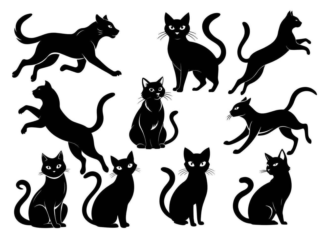 Set of black cat silhouettes isolated on white background. vector