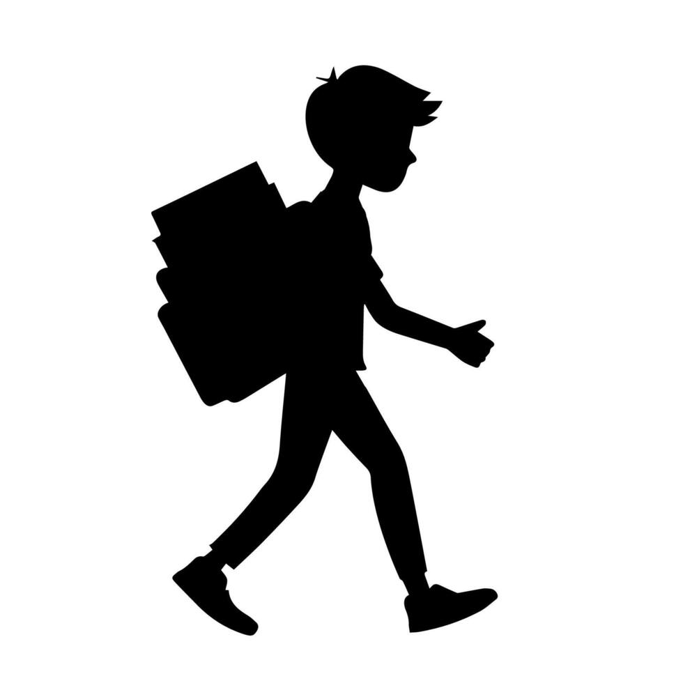 Silhouette of schoolboy with backpack and books on white background vector
