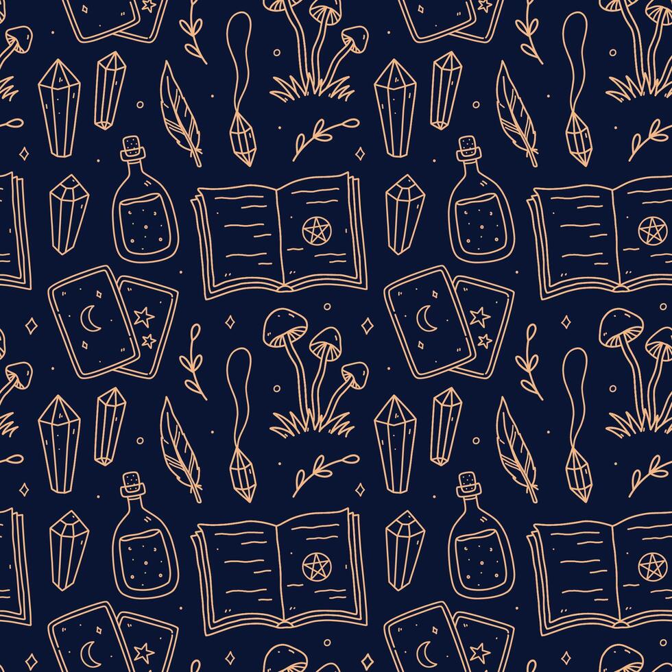 Seamless pattern with gold magic doodles on blue background - pendant, gemstones, tarot cards, potion, mushrooms and a book of spells. hand-drawn illustration. Perfect for print, wallpaper. vector