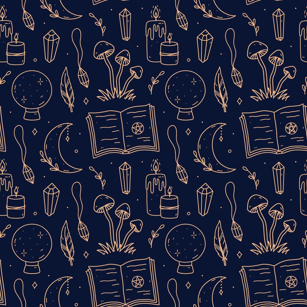 Seamless pattern with gold magic doodles on blue background - pendant, gemstones, spellbook, candles. hand-drawn illustration. Perfect for print, wallpaper, decorations. vector