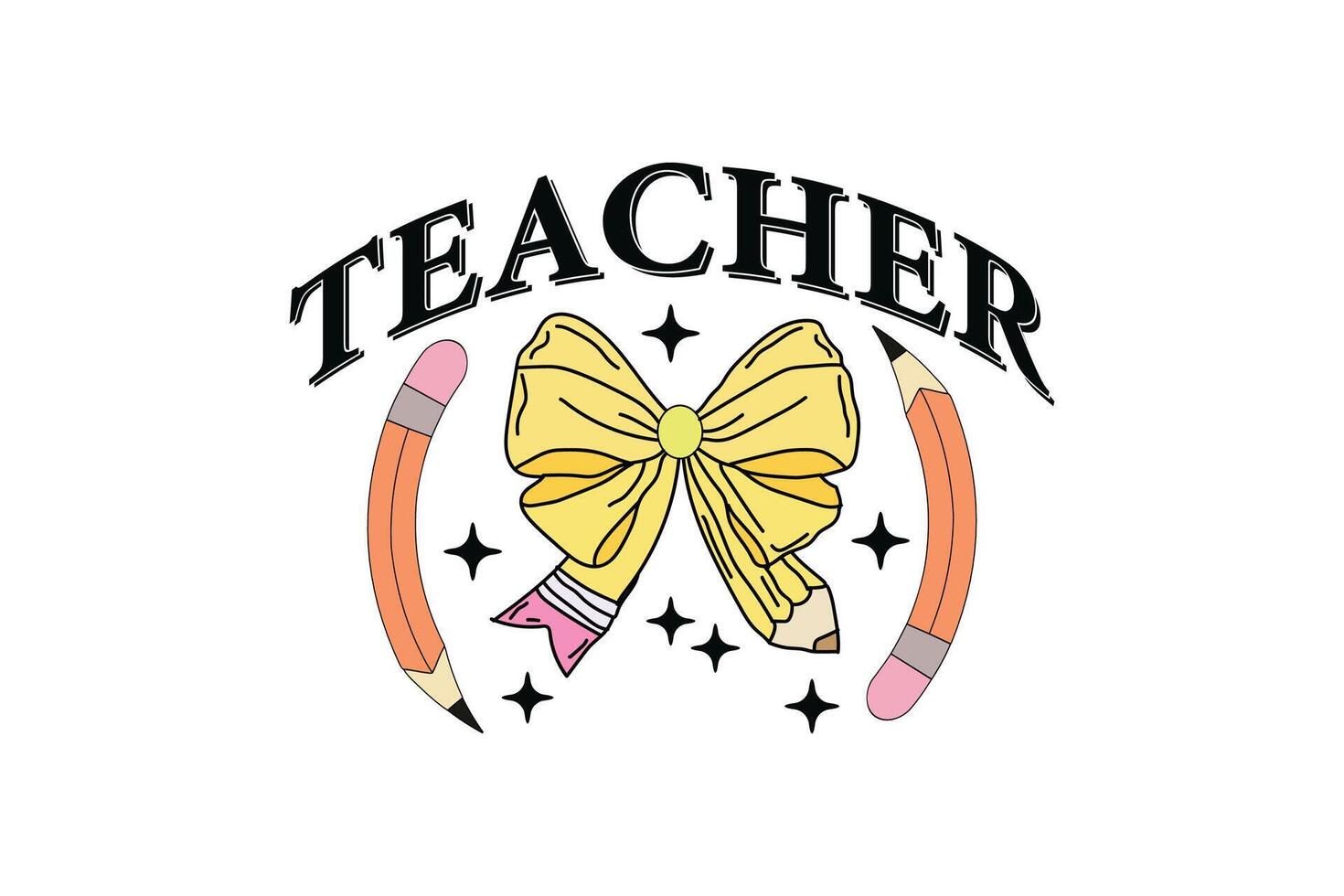 Teacher Coquette Pencil Bow Design, Teacher School Kindergarten Groovy Retro T-shirt Designs vector