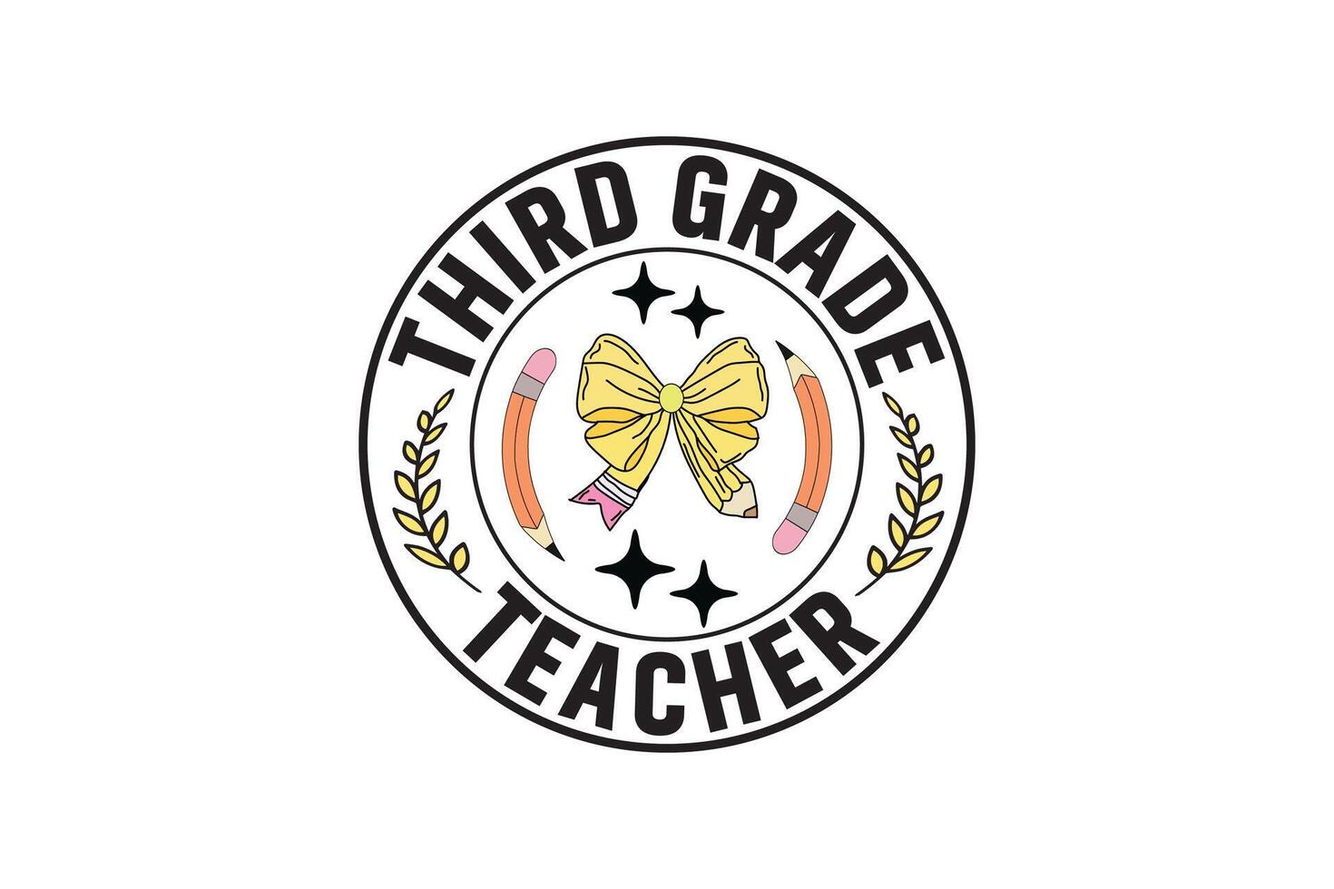 Teacher Third Grade Coquette Pencil Bow Design, Teacher School Kindergarten Groovy Retro T-shirt Designs vector