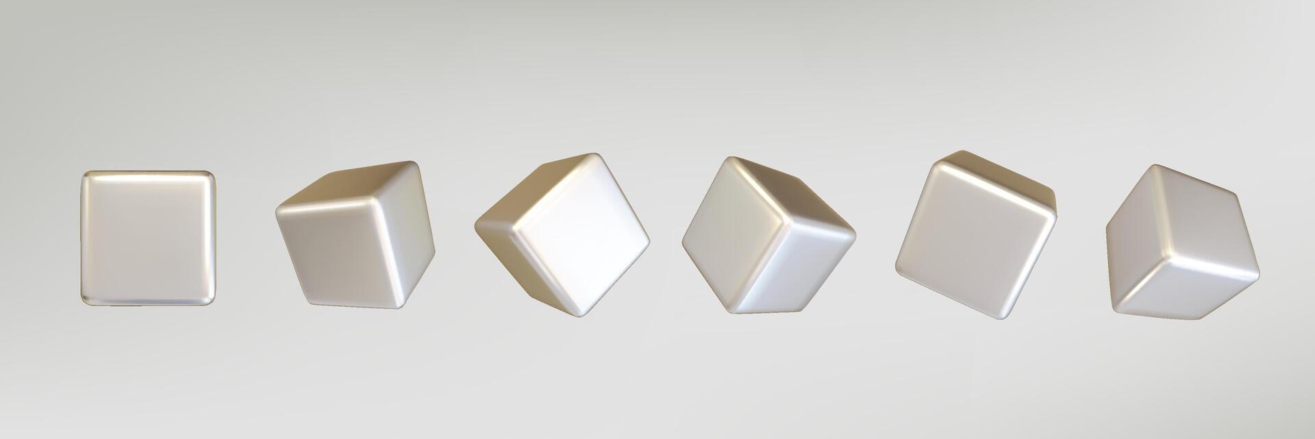Silver chrome metal realistic cubes set isolated. Render a rotating chrome steel box with different angles in perspective with lighting and shadow. y2k creative vector