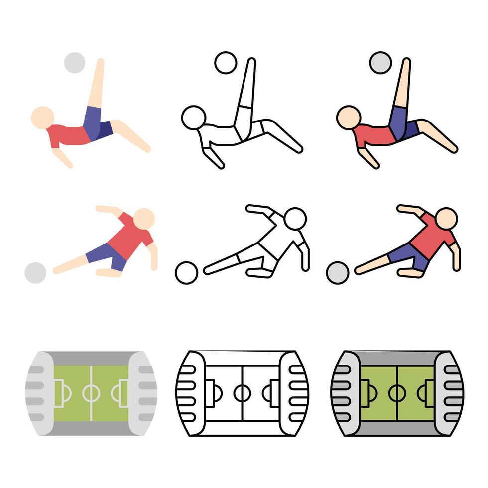 Illustrations of soccer players performing bicycle kicks and sliding tackles with soccer field icons vector
