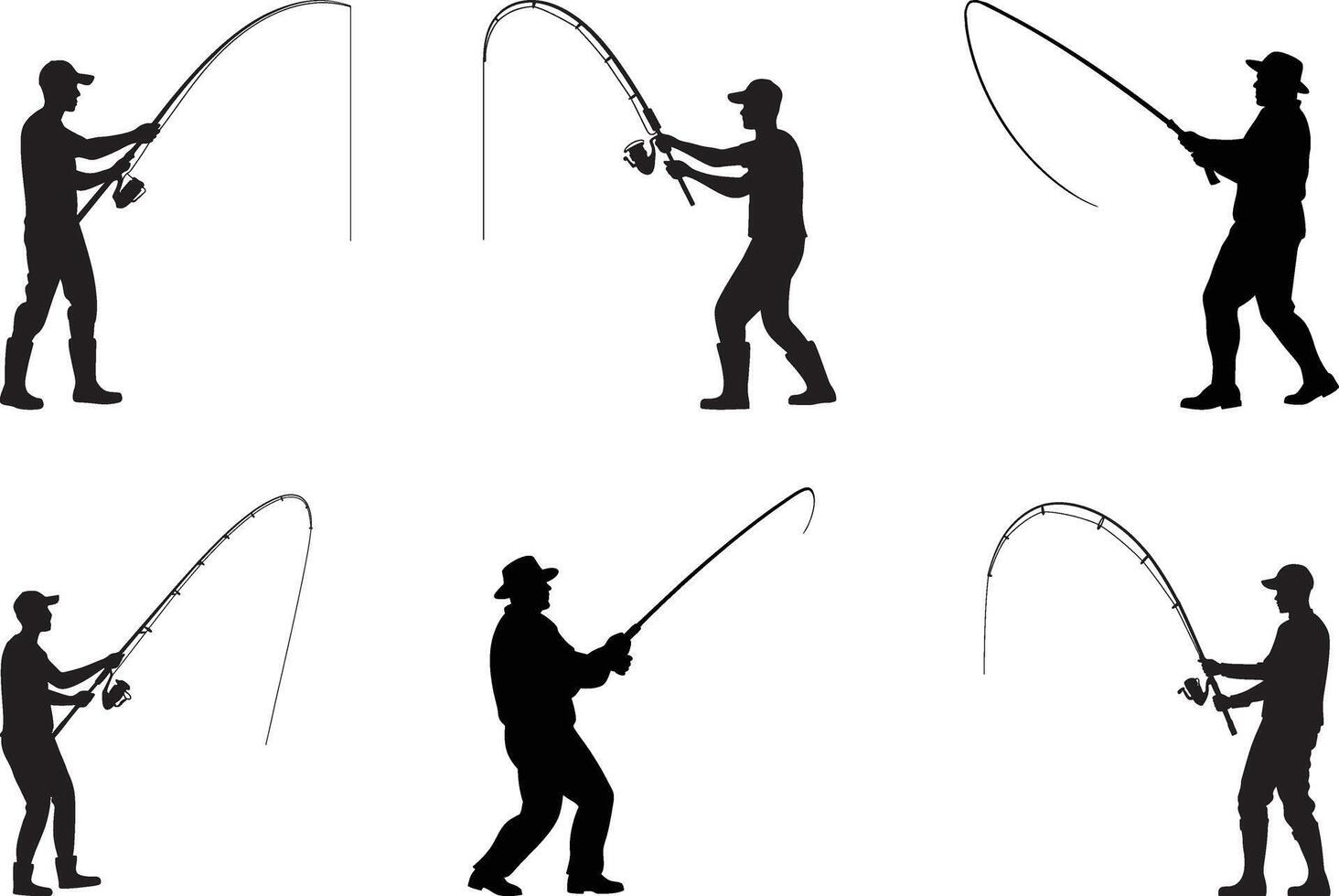 set of silhouettes of fishing, Set of silhouette fisherman. Collection of fishing man isolated white background vector