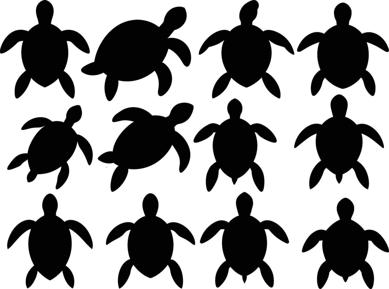 Set of different turtle silhouette on white background, Sea turtle stencil template bundle vector