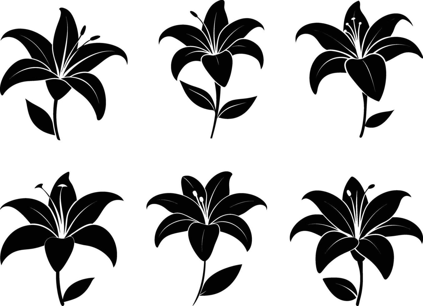 Compilation of Elegant Lily Flower Silhouettes isolated white background vector