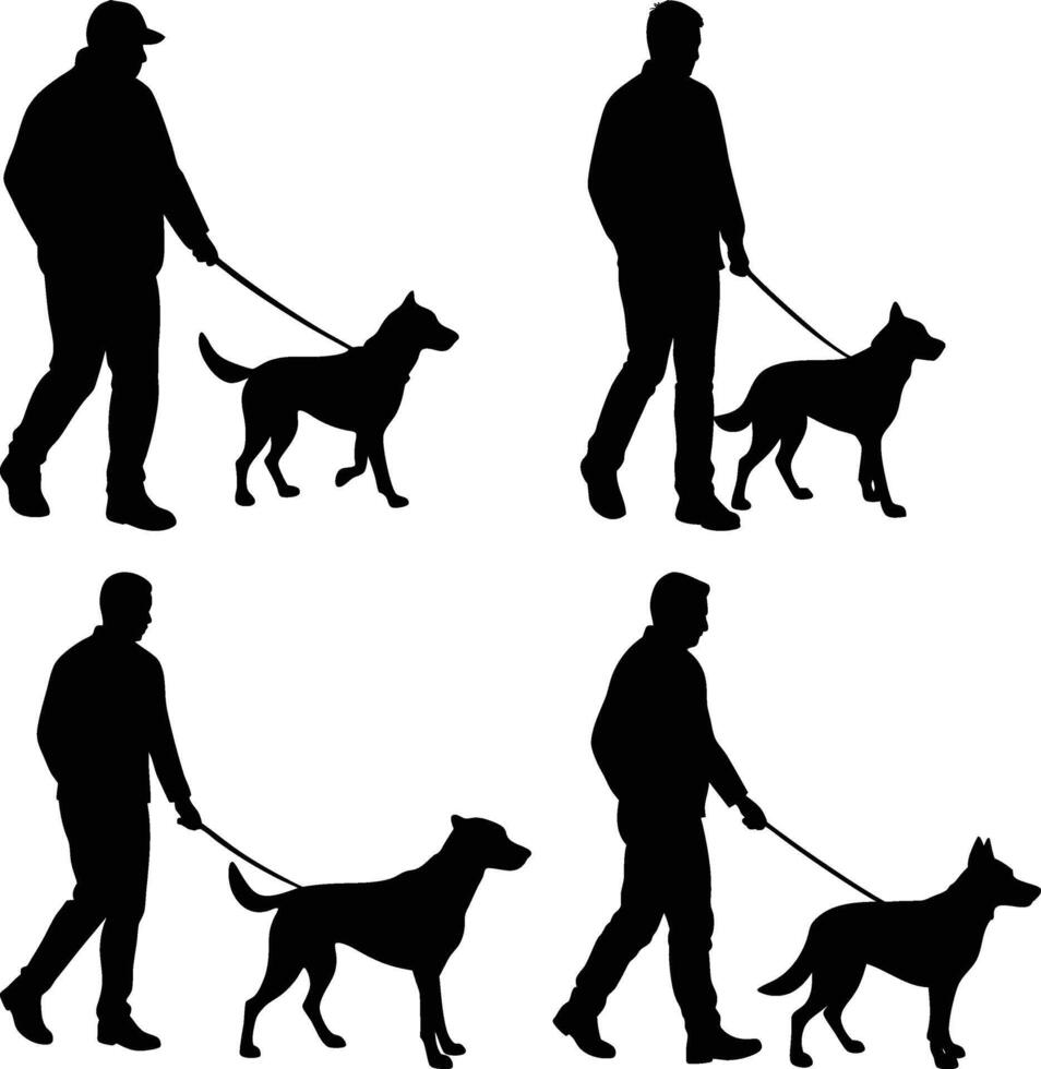 set of silhouettes of owner with dogs walking on white background vector