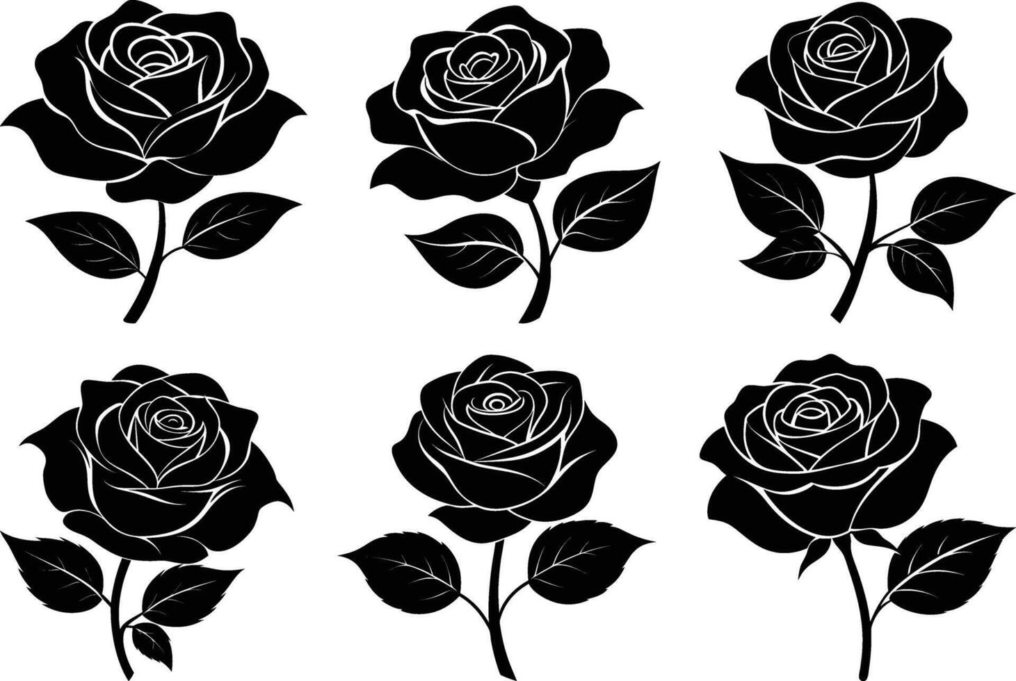 Set of Ornate Rose Silhouettes isolated white background vector