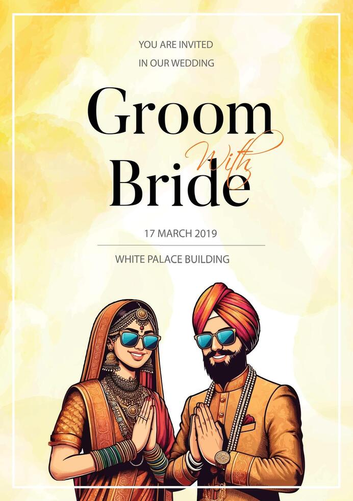 Traditional royal Punjabi wedding invitation card design with bride and groom save the date invite vector