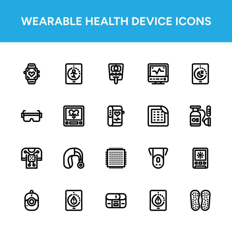 Wearable Health Device Icons Set. 20 High Quality Icons for Smartwatches, Fitness Trackers, and Health Monitors. Perfect for Digital Health Apps and Websites vector