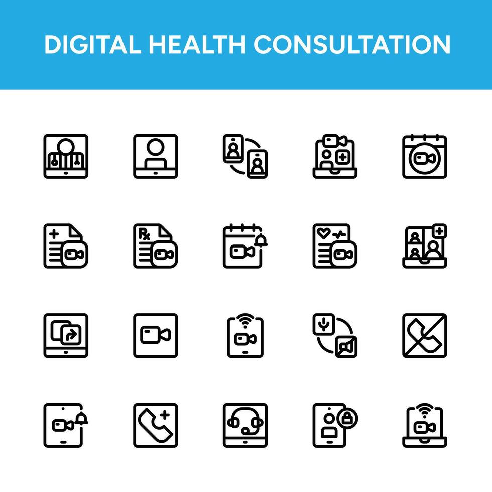 Comprehensive Consultation Icon Set for Digital Health Apps. Modern Telemedicine Icons for Healthcare Platforms vector