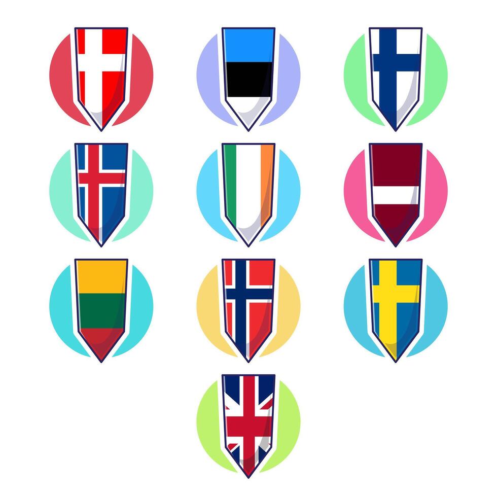 Set of Northern European countries flags design, landmark symbols, travel decoration, and map element vector