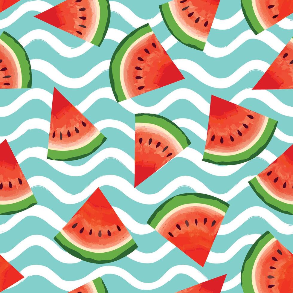 Watermelon pattern. Fruit juicy slice pieces seamless texture. Summer bright design vector