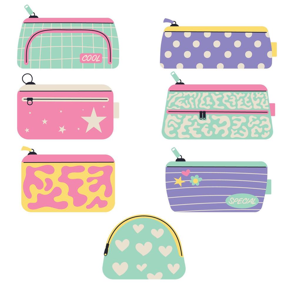 back to school pencil case set, autumn school elements, collection of pencil cases, Flat design style illustration vector