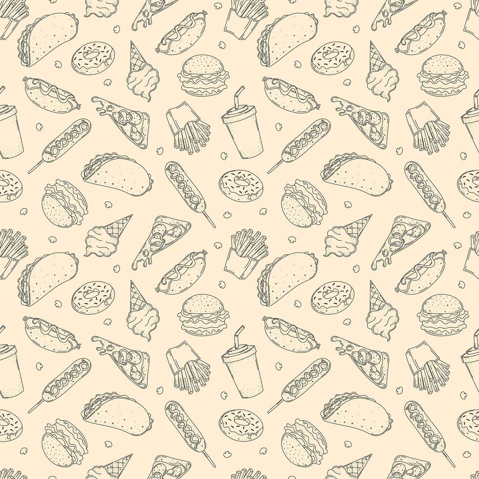 fast food line seamless pattern, french fries, hamburger, donut, hot dog, pizza, taco, ice cream, cola, corn dog vector