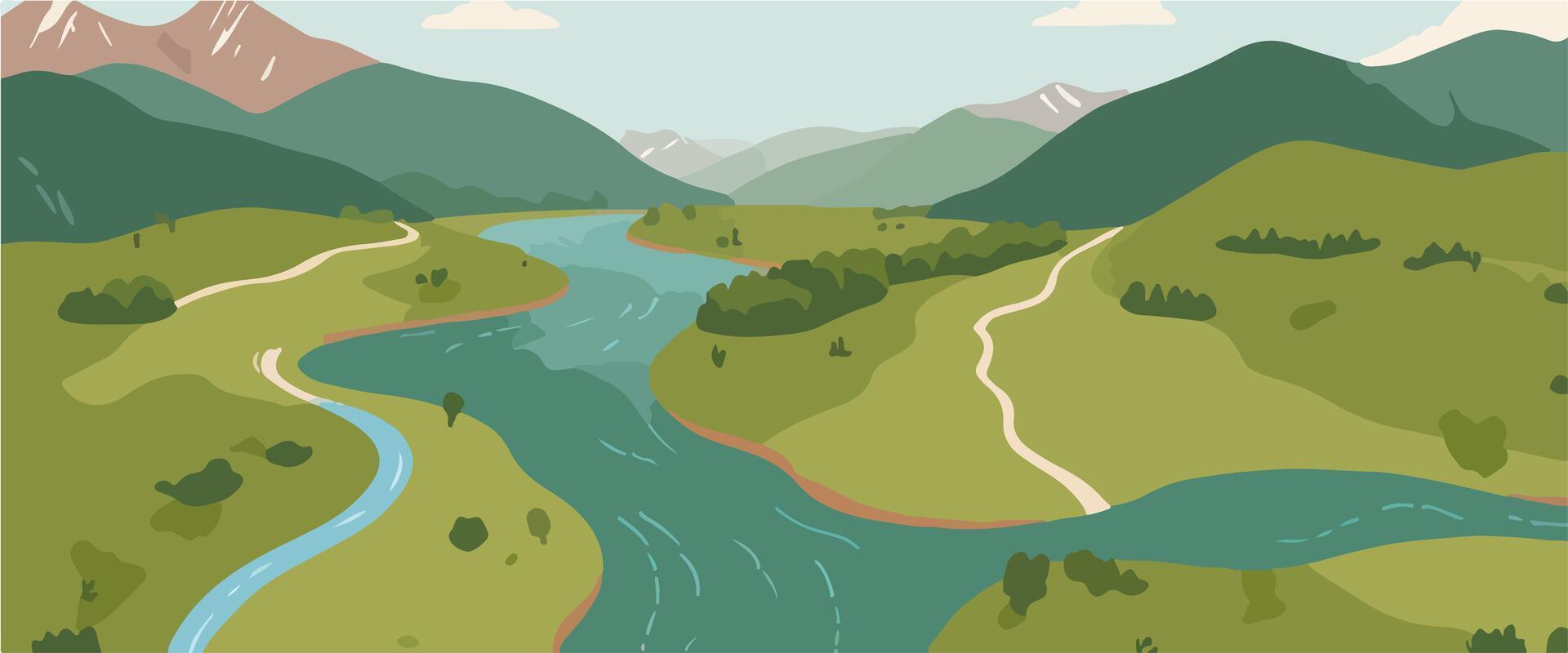 Aerial View of Lush Green Landscape with Winding River and Mountains vector
