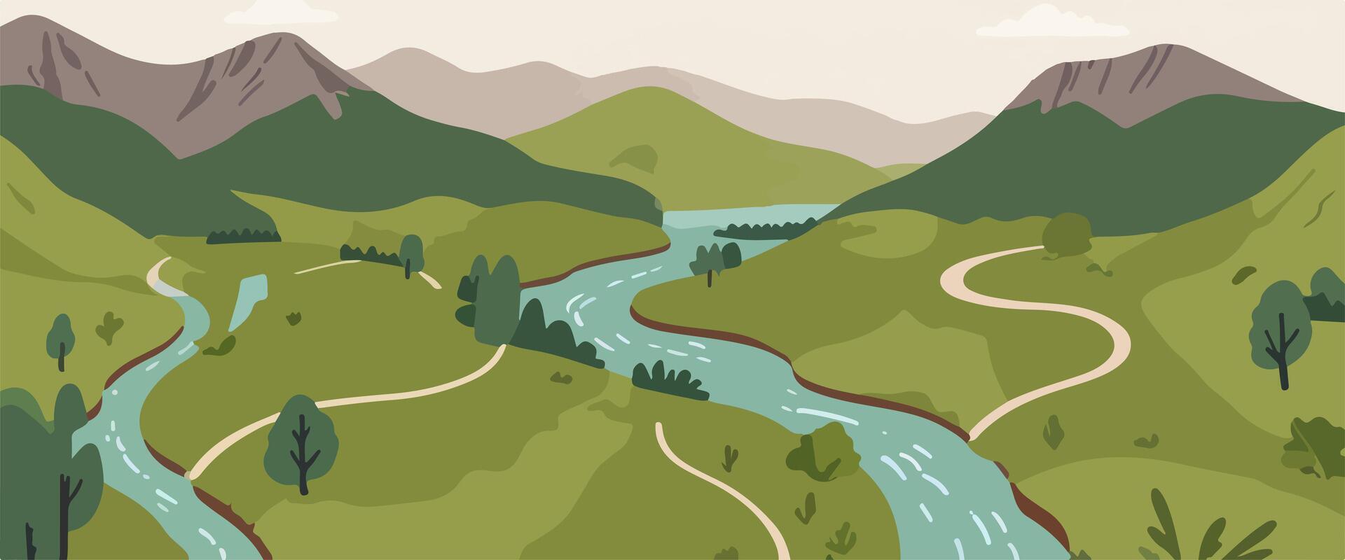Aerial View of Lush Green Landscape with Winding River and Mountains vector