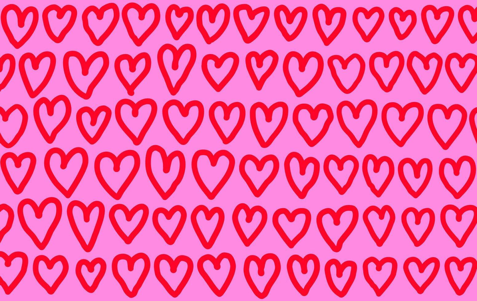 Bold marker hearts doodles pattern. Line hand drawn doodle background. Rows of red hearts on a pink background. vector