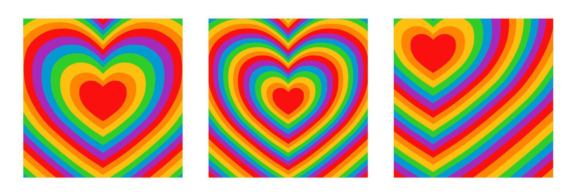 Set of rainbow striped heart square backgrounds. LGBT community pride concept illustration. vector
