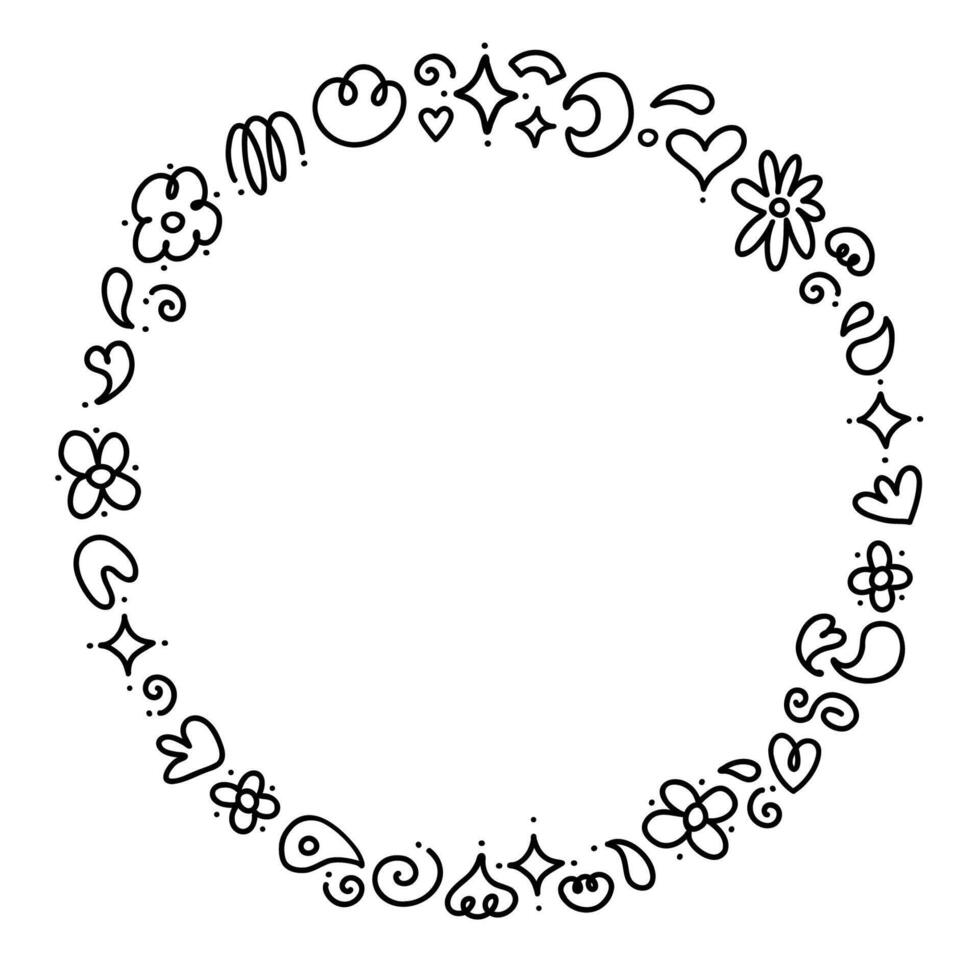 Doodles decorated round thin frame. Line black hand drawn illustration. Round border. Irregular cute doodles shapes. vector
