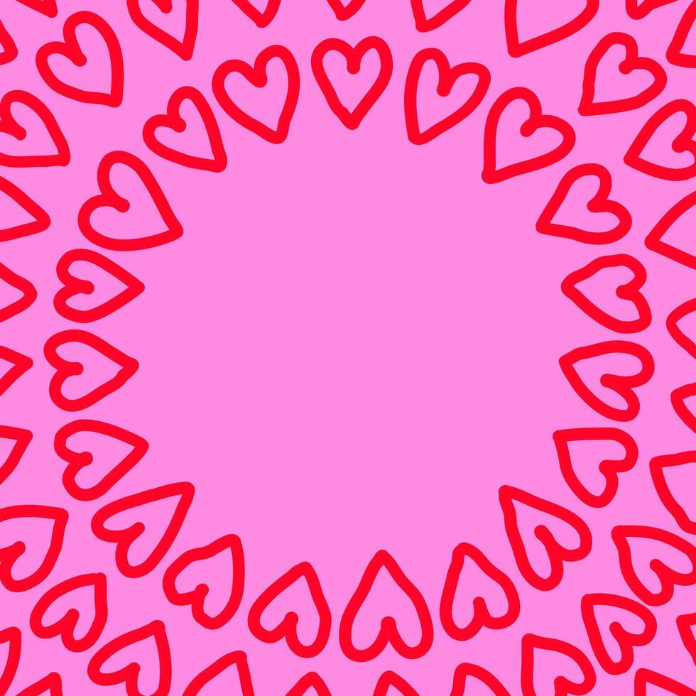 Bold marker hearts doodle round pattern. Line hand drawn doodle background. Circle of red hearts on a pink background. vector
