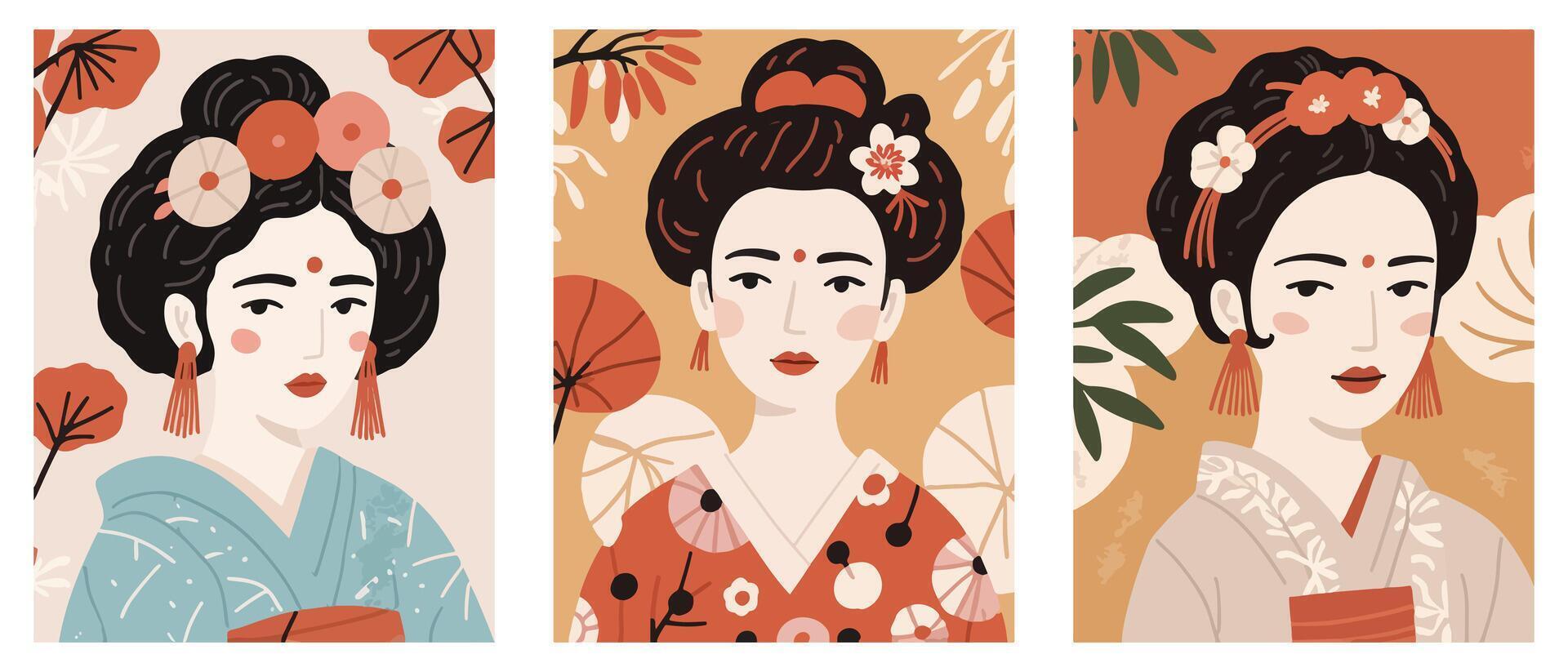 Set of Illustration - Young Maiko Geisha in Gion Kyoto with Colorful Kimono and Traditional Hair Ornaments vector