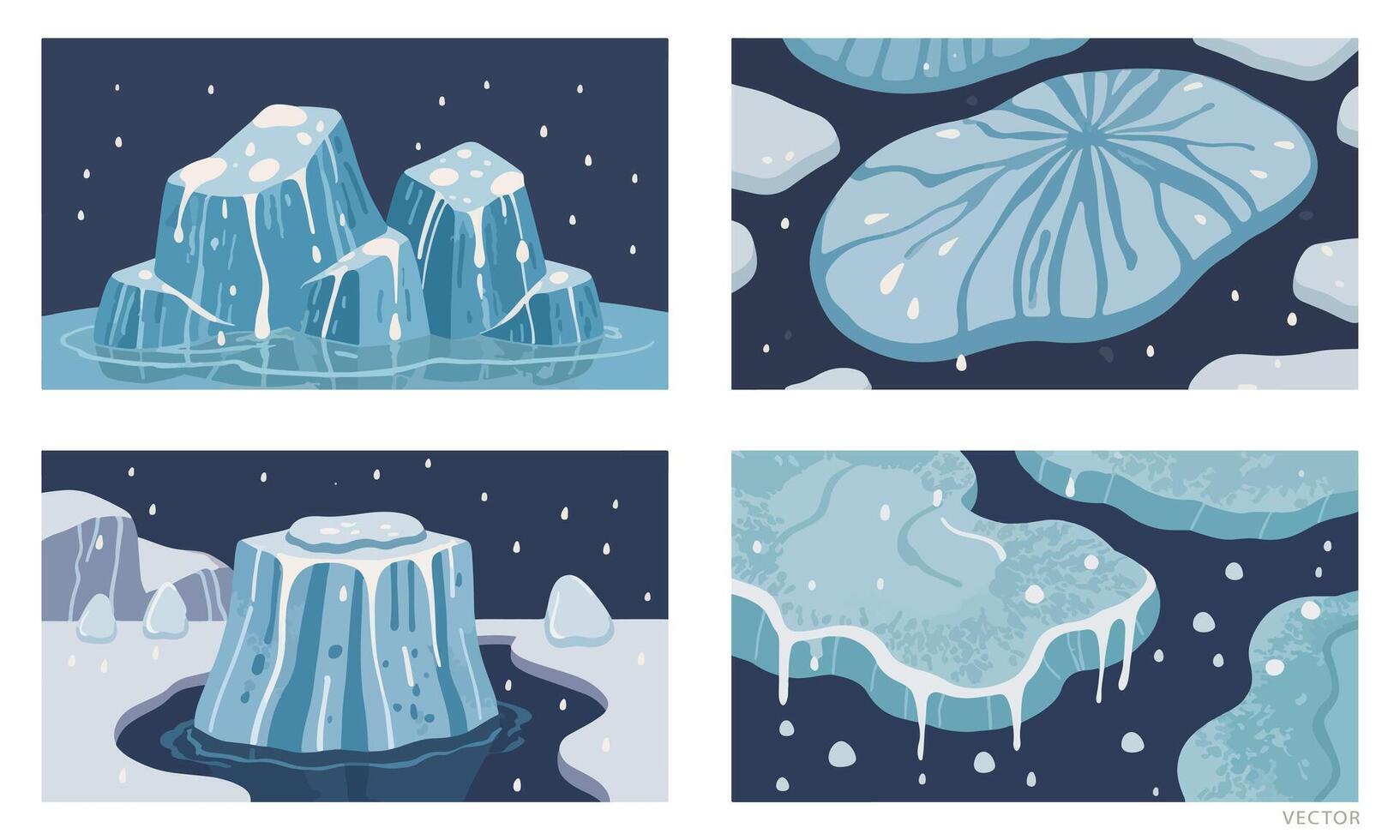 Set of Melting Ice with Water Droplets and Reflections, Poster Background, Vibrant Colors vector