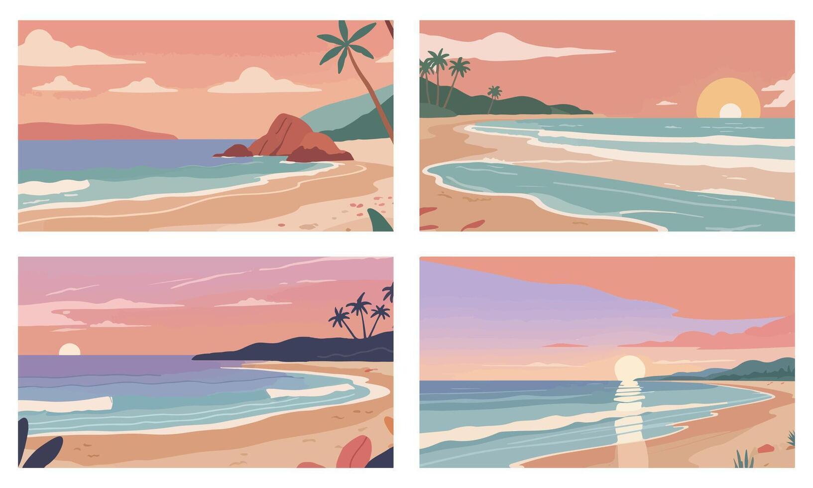 Set of Summer background - Sunset on the Beach. vector