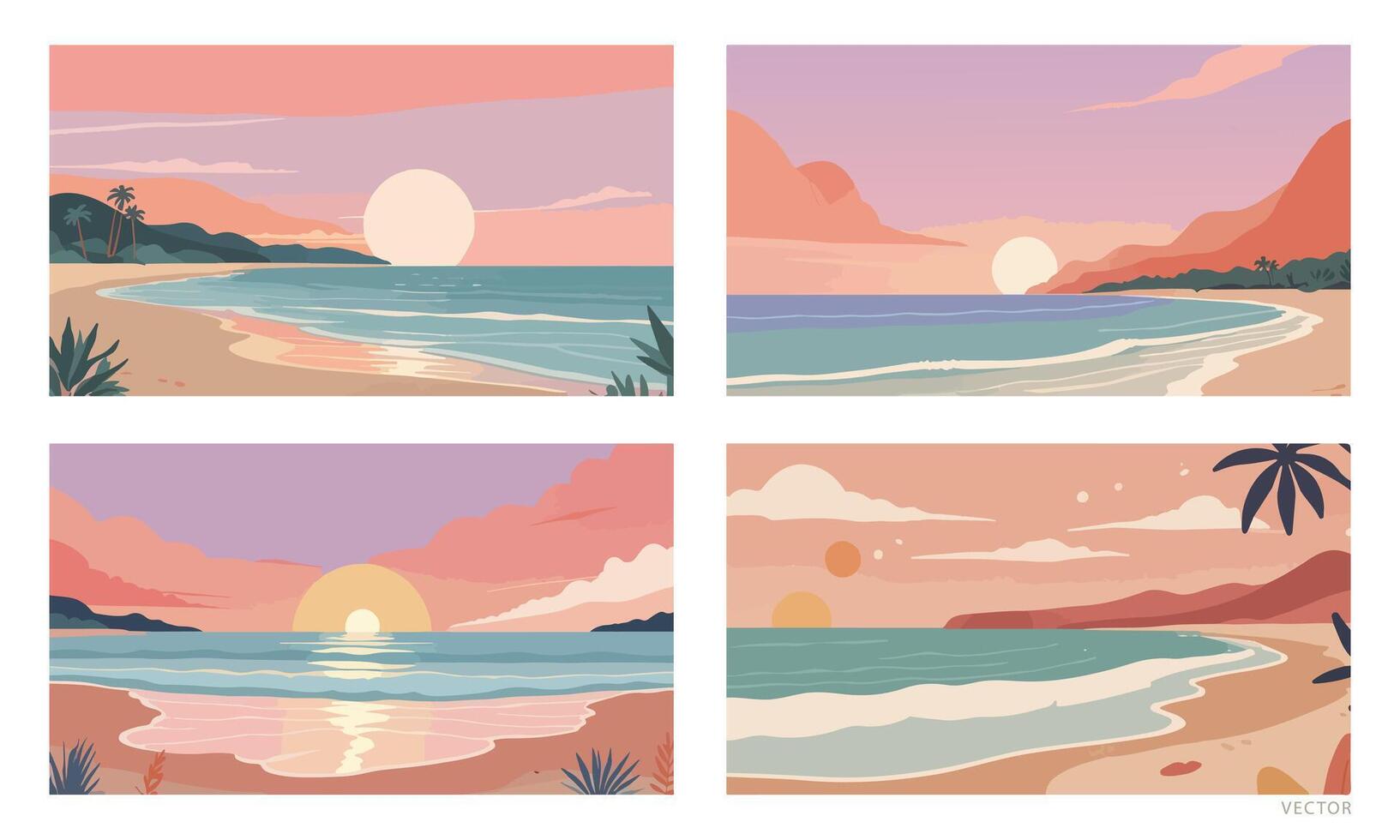 Set of Summer background - Sunset on the Beach. vector