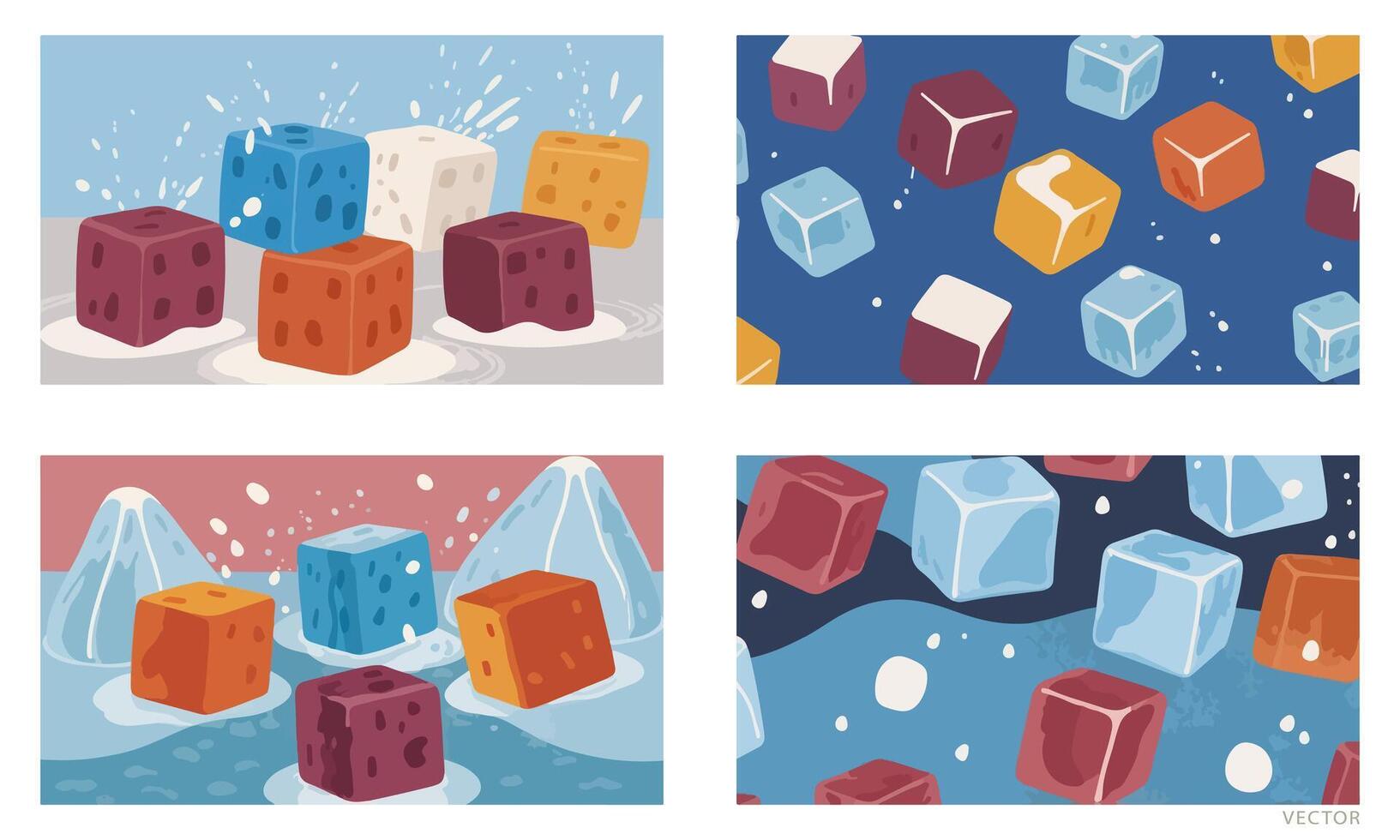 Set of Ice Cubes Melting with Steam and Water Splashes, Colorful and Dynamic vector