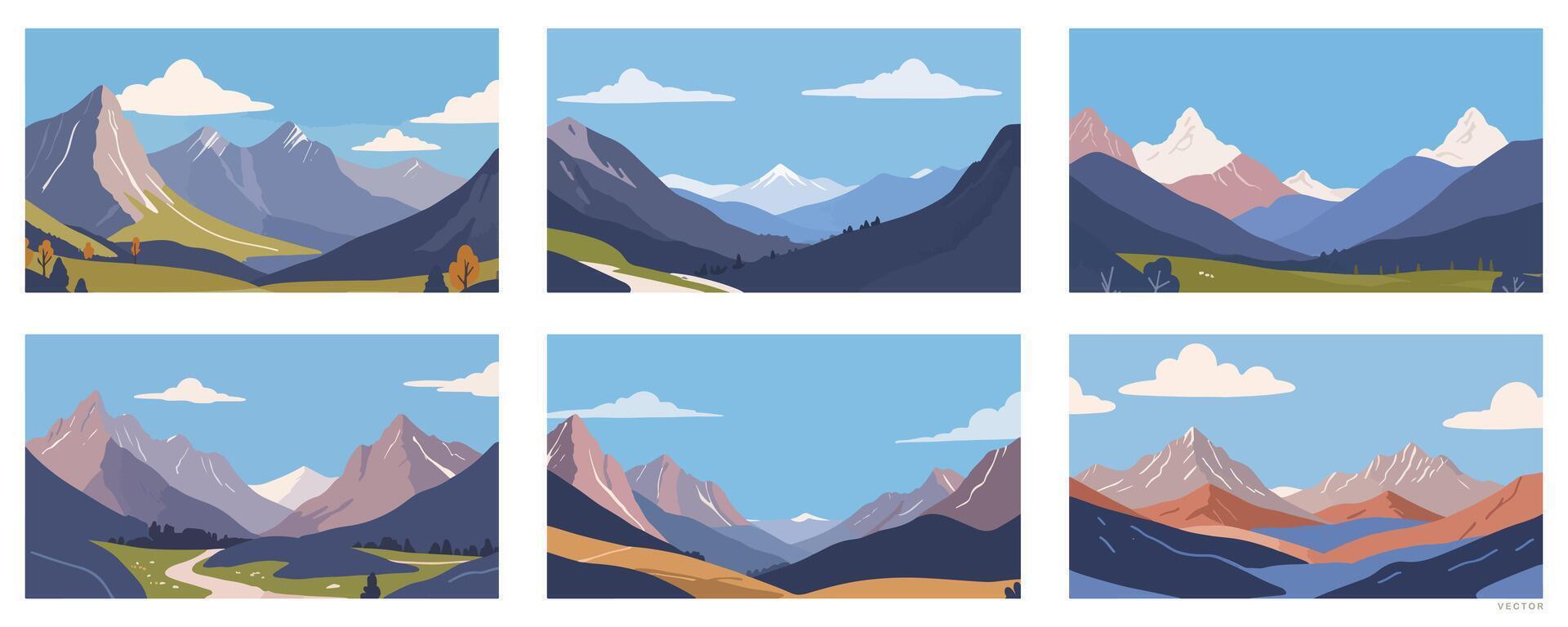 Set of Illustrations of Mountain and Lake Scenery with Clear Sky vector