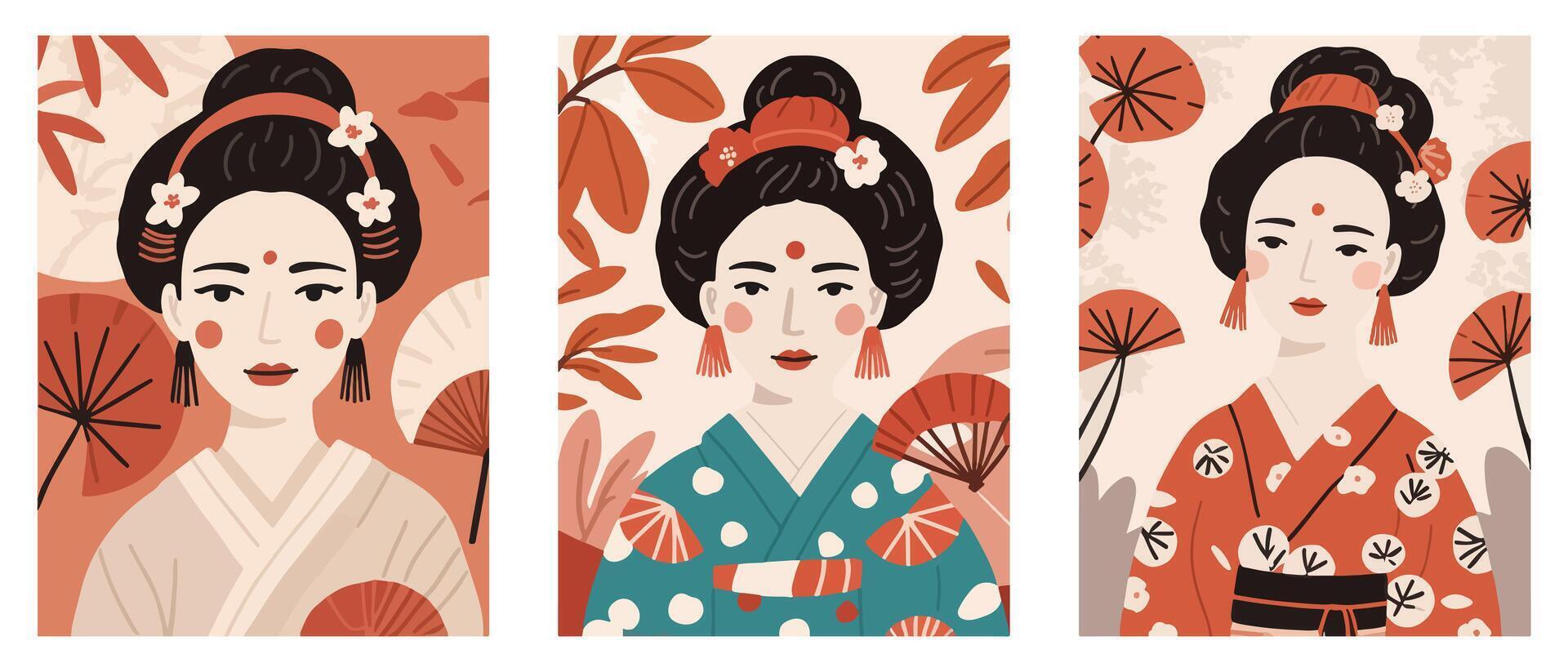 Set of Illustration - Young Maiko Geisha in Gion Kyoto with Colorful Kimono and Traditional Hair Ornaments vector