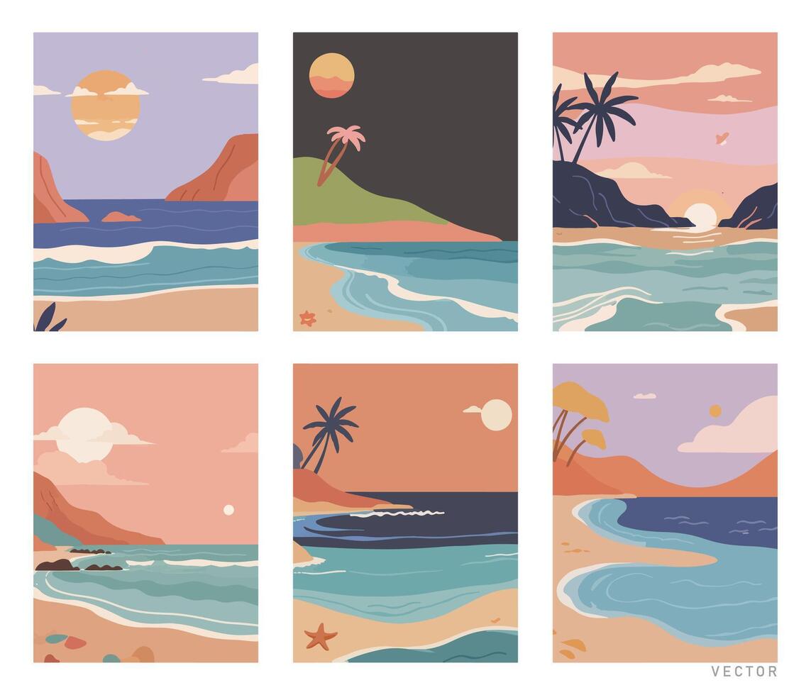 Set of Summer background - Sunset on the Beach. vector