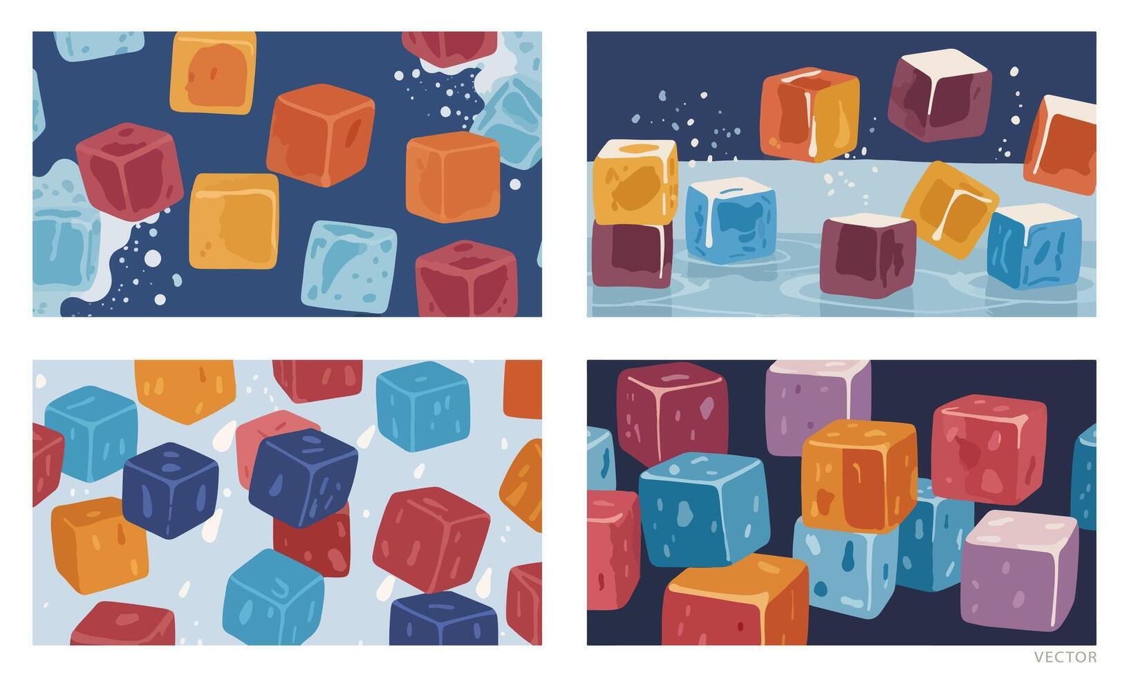 Set of Ice Cubes Melting with Steam and Water Splashes, Colorful and Dynamic vector