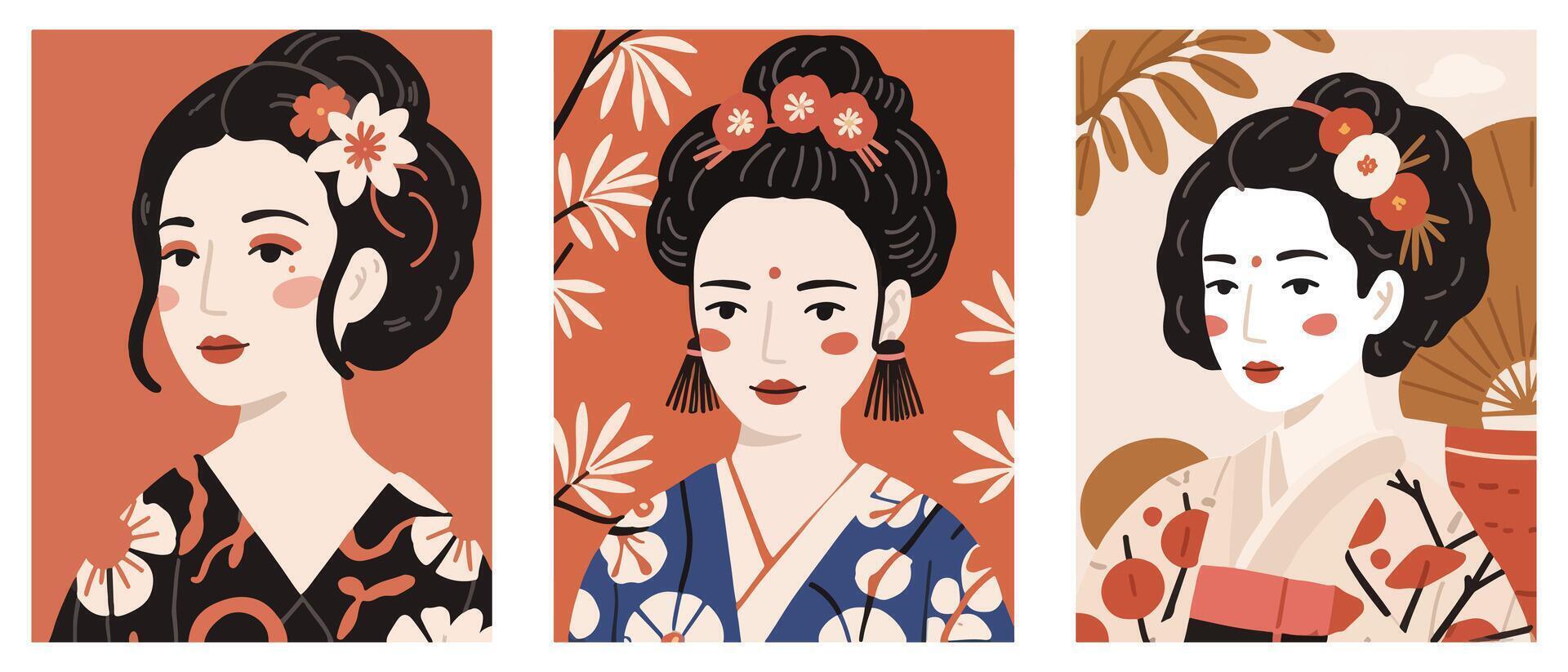 Set of Illustration - Young Maiko Geisha in Gion Kyoto with Colorful Kimono and Traditional Hair Ornaments vector