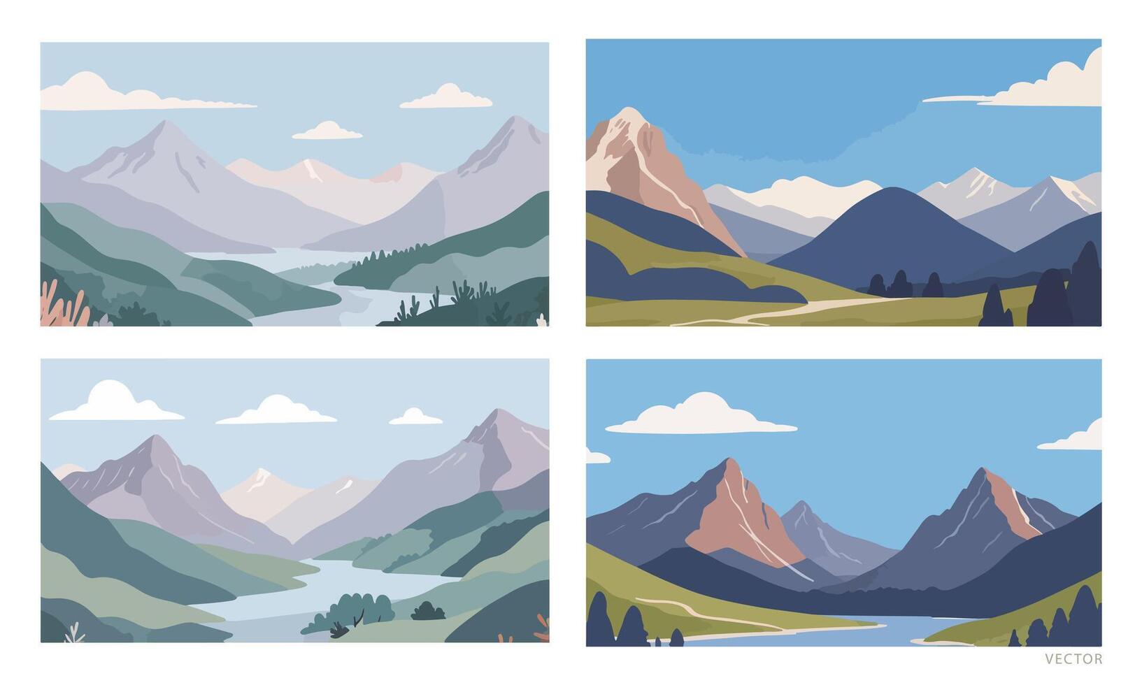 Set of Illustrations of Mountain and Lake Scenery with Clear Sky vector