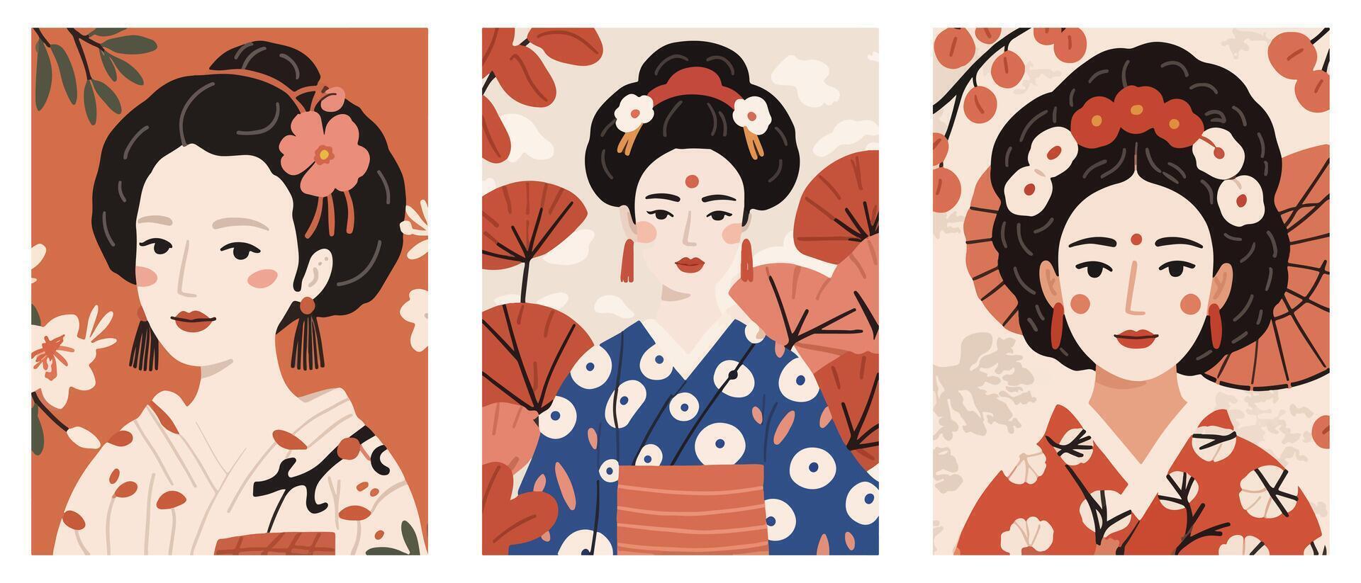 Set of Illustration - Young Maiko Geisha in Gion Kyoto with Colorful Kimono and Traditional Hair Ornaments vector