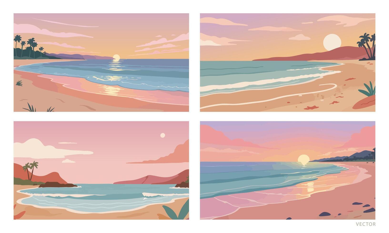 Set of Summer background - Sunset on the Beach. vector