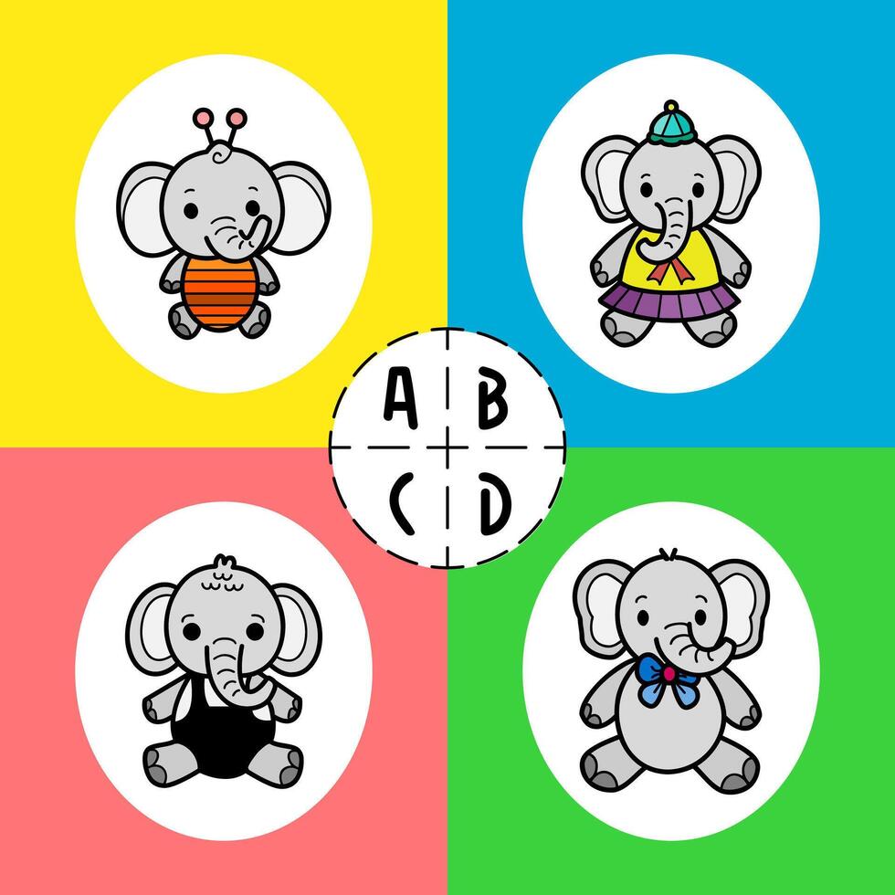 Cute doodle elephant cartoon characters, different outfits and accessories, illustration. vector