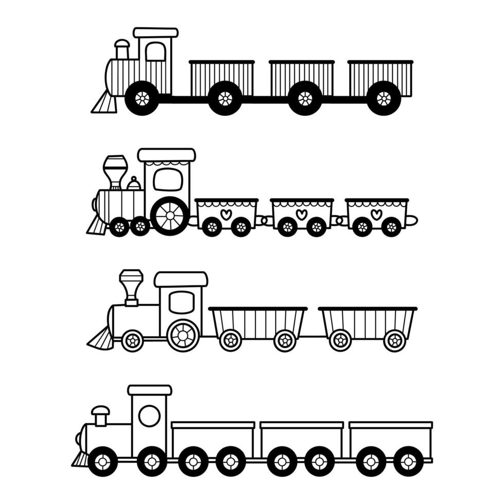 Set of cartoon trains in black and white outline illustration, cute line art style for children, different locomotive and carriage style. vector