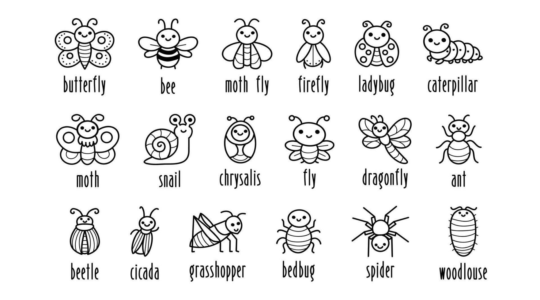Collection of insects and bugs with names, cute hand drawn doodles style, for children's education, illustration. vector