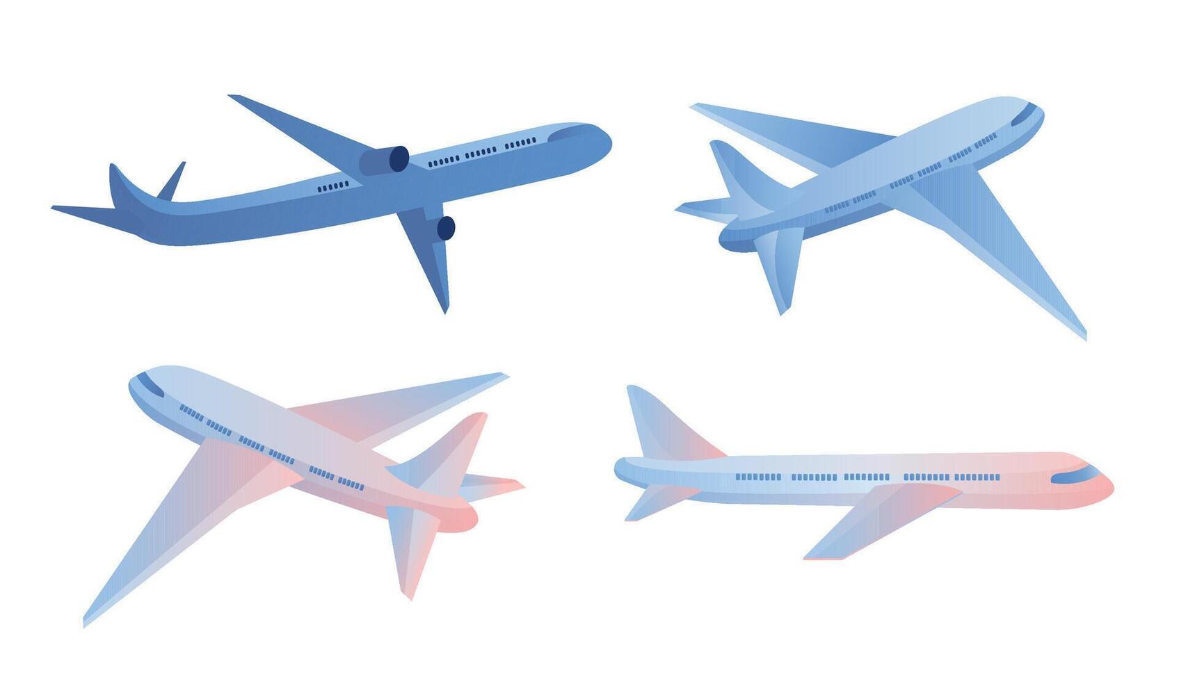 Flying airplane, jet aircraft, side and 3d view. vector