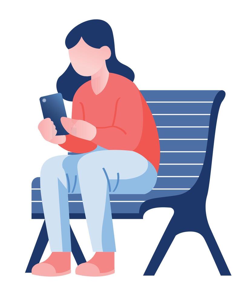 Woman sitting on bench and watching her phone. vector